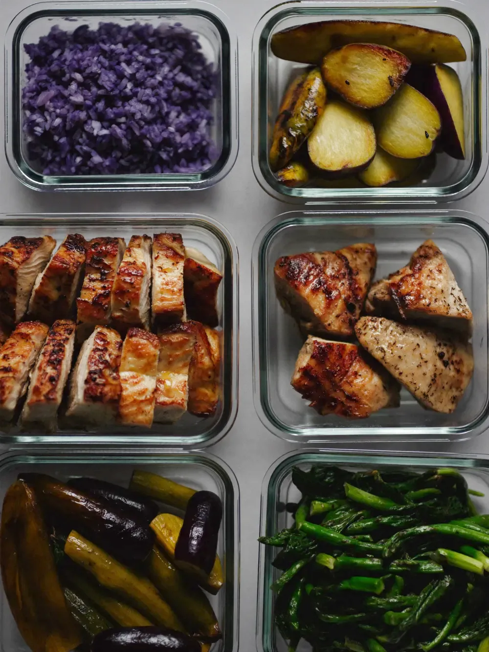 Portioned, macro-friendly meal-prep containers on a kitchen counter
