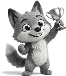 Wolfie celebrating with a trophy