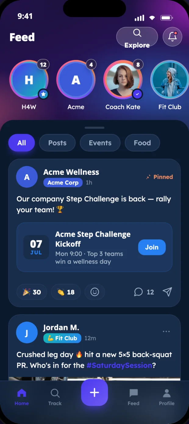 The H4W community feed with a company step-challenge event