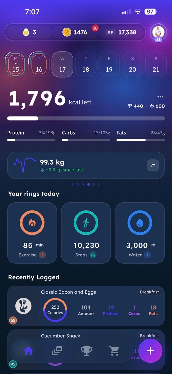 Your daily H4W dashboard — calories, macros and rings
