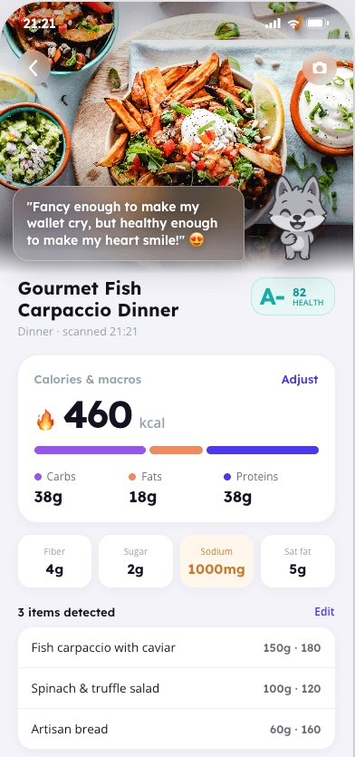 AI meal result with calories, macros and Wolfie’s comment